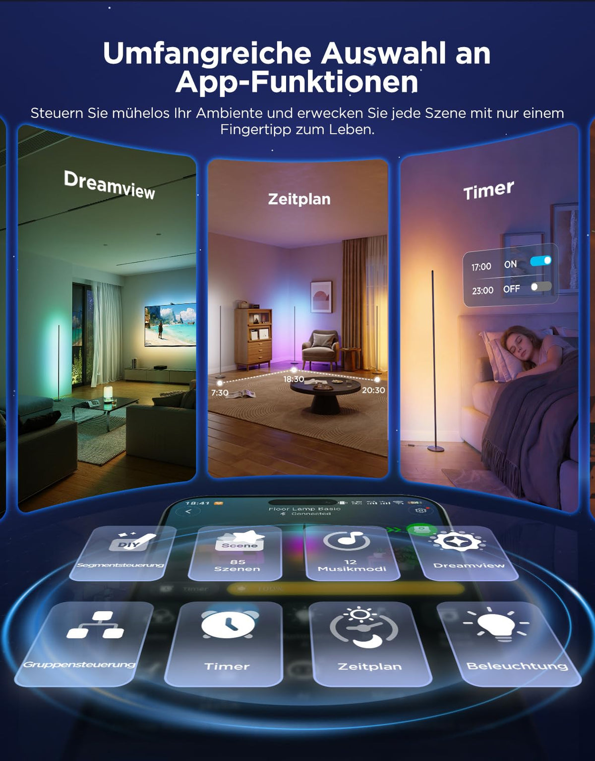 Govee RGBIC LED Stehlampe Wohnzimmer, WiFi Stehlampe 1000lm Dimmbar Schwarz